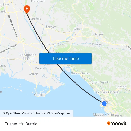 Trieste to Buttrio map