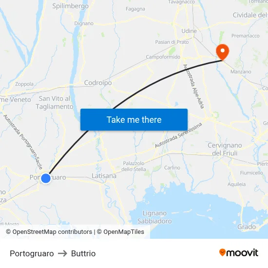 Portogruaro to Buttrio map