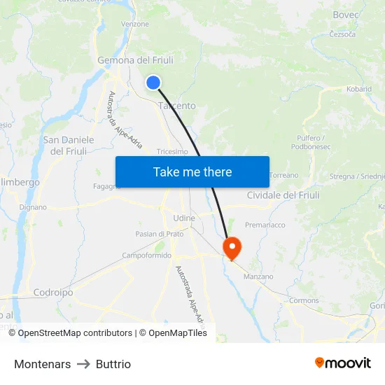 Montenars to Buttrio map