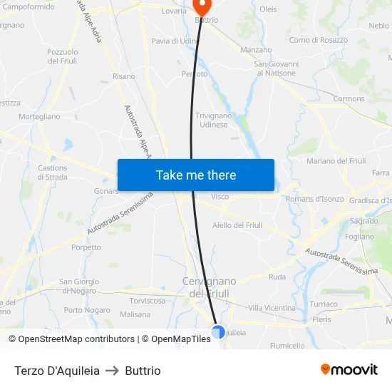 Terzo d'Aquileia to Buttrio map
