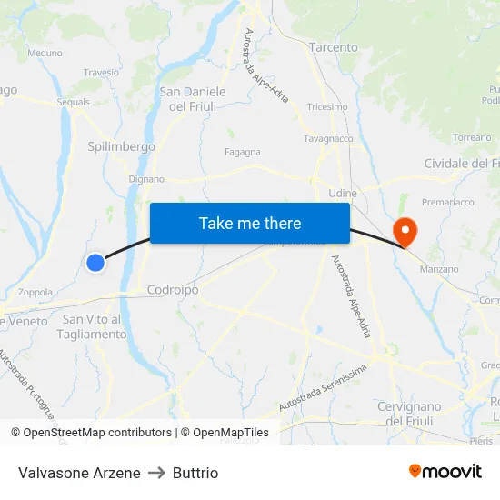 Valvasone Arzene to Buttrio map
