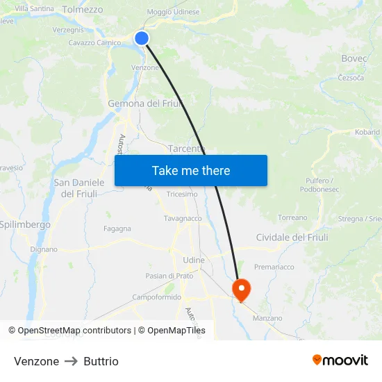 Venzone to Buttrio map