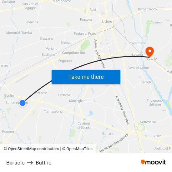 Bertiolo to Buttrio map