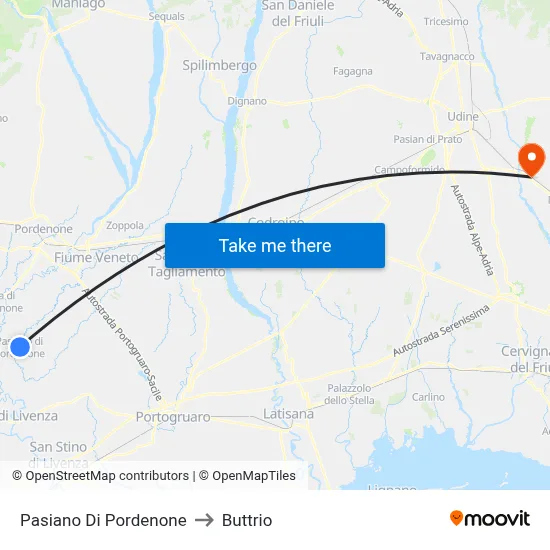 Pasiano di Pordenone to Buttrio map