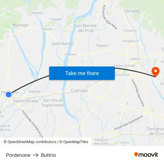 Pordenone to Buttrio map