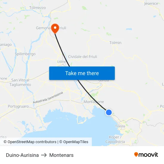 Duino-Aurisina to Montenars map
