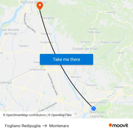 Fogliano Redipuglia to Montenars map