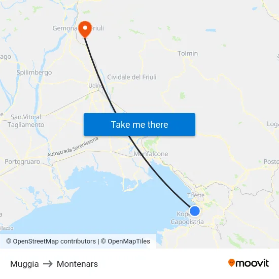Muggia to Montenars map