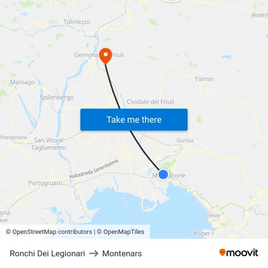 Ronchi Dei Legionari to Montenars map