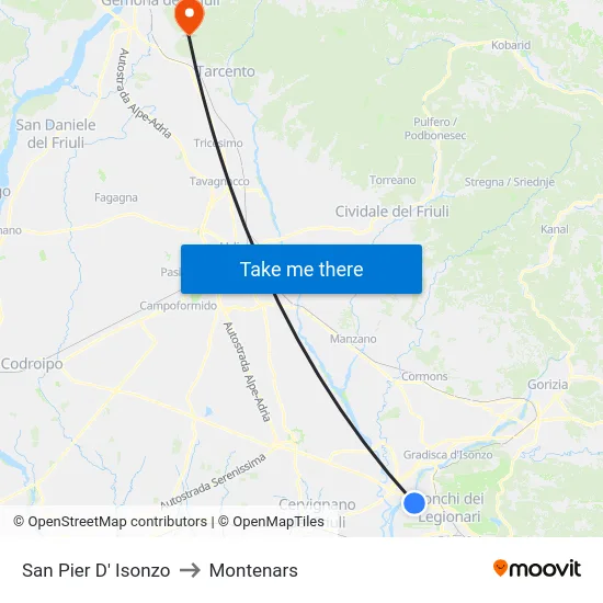 San Pier D' Isonzo to Montenars map