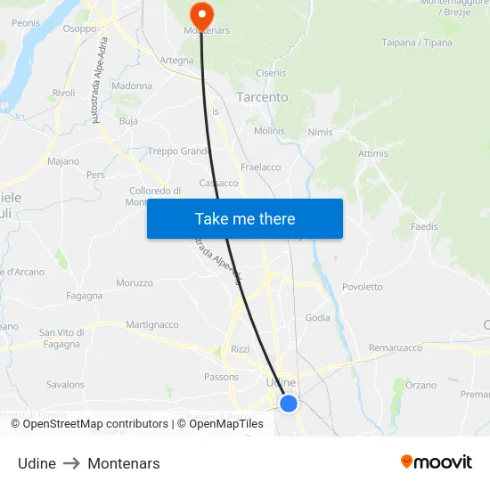 Udine to Montenars map