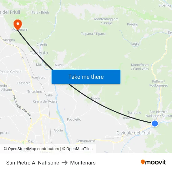 San Pietro Al Natisone to Montenars map
