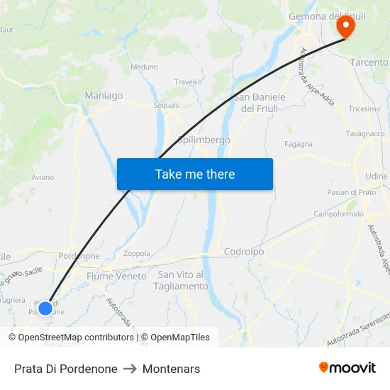 Prata Di Pordenone to Montenars map