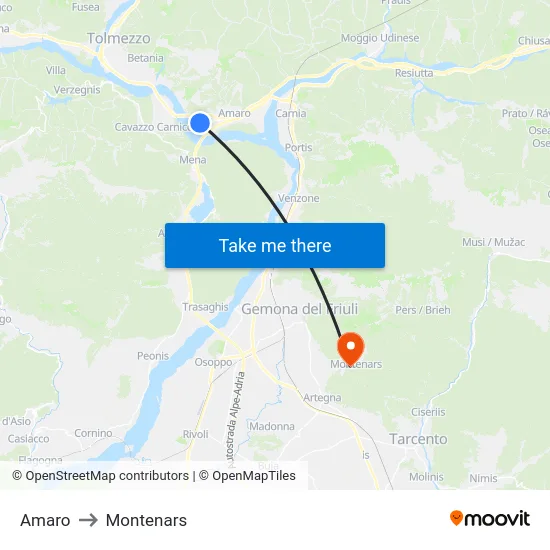 Amaro to Montenars map