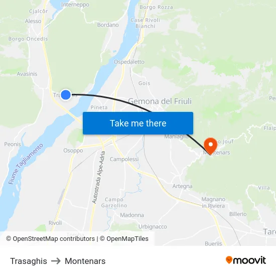 Trasaghis to Montenars map