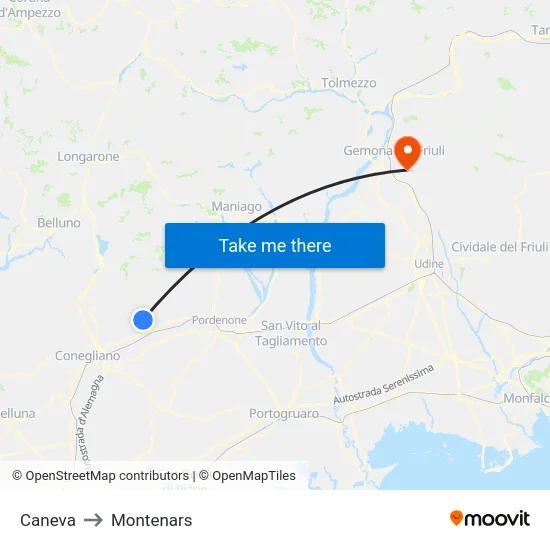 Caneva to Montenars map