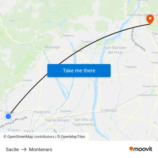 Sacile to Montenars map