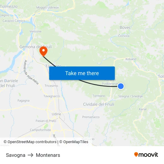 Savogna to Montenars map