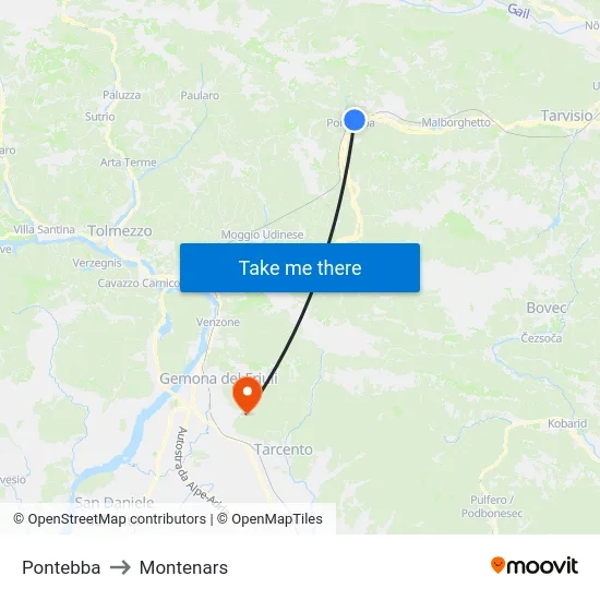 Pontebba to Montenars map