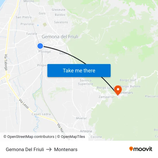 Gemona Del Friuli to Montenars map