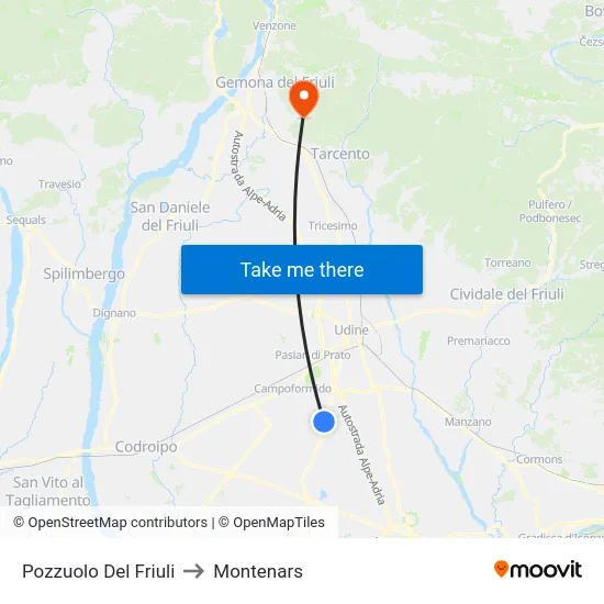 Pozzuolo Del Friuli to Montenars map