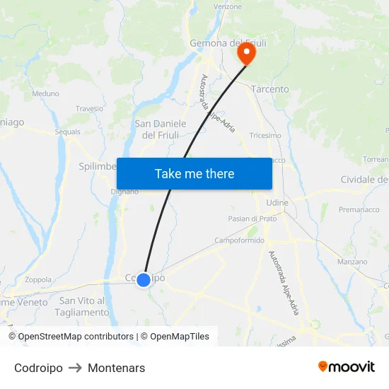 Codroipo to Montenars map