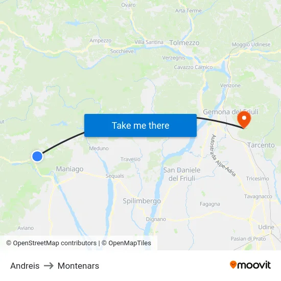 Andreis to Montenars map
