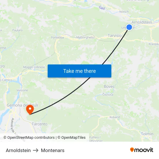 Arnoldstein to Montenars map