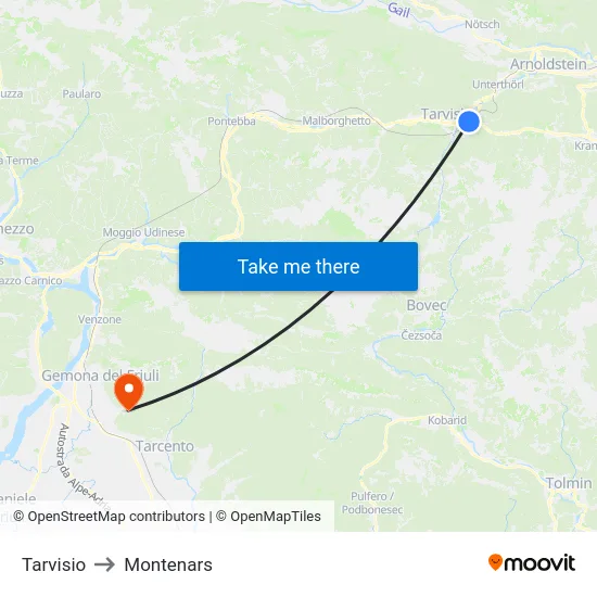 Tarvisio to Montenars map