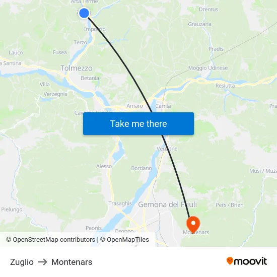 Zuglio to Montenars map