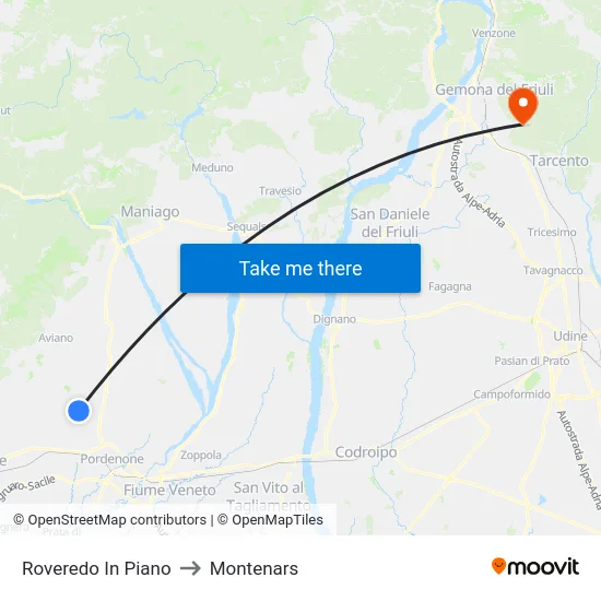 Roveredo In Piano to Montenars map