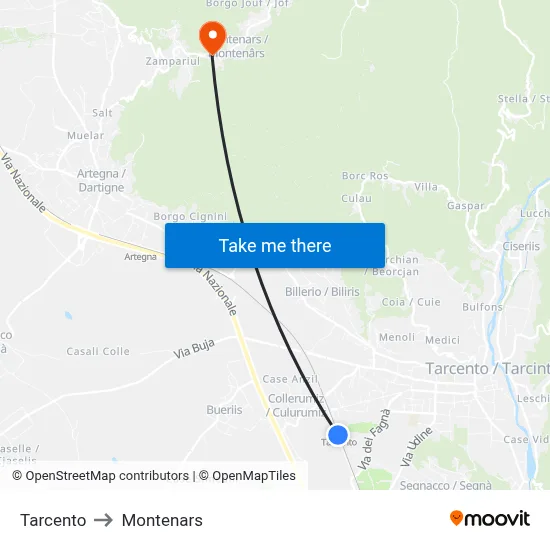 Tarcento to Montenars map