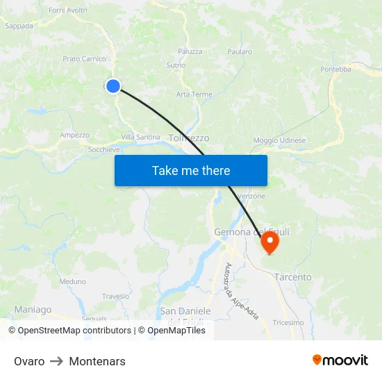 Ovaro to Montenars map