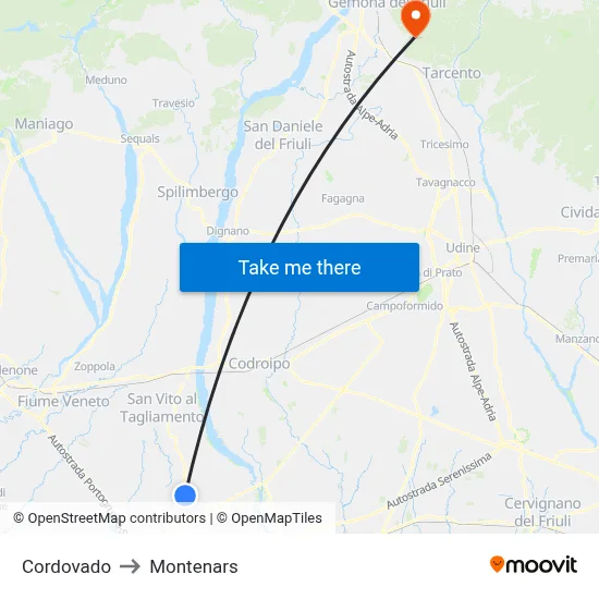 Cordovado to Montenars map