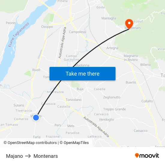 Majano to Montenars map