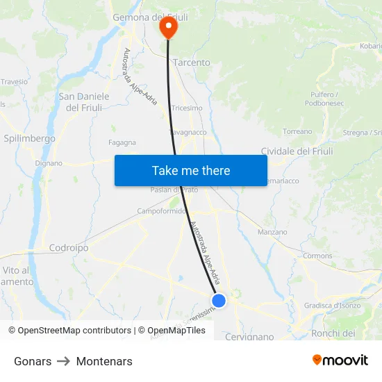 Gonars to Montenars map