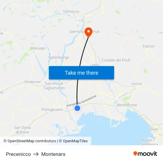 Precenicco to Montenars map