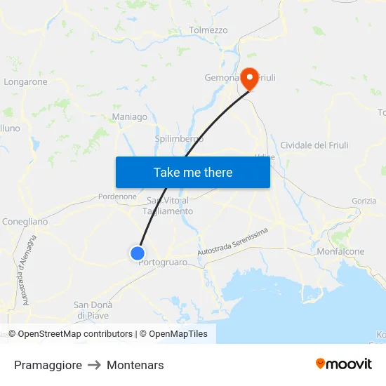 Pramaggiore to Montenars map