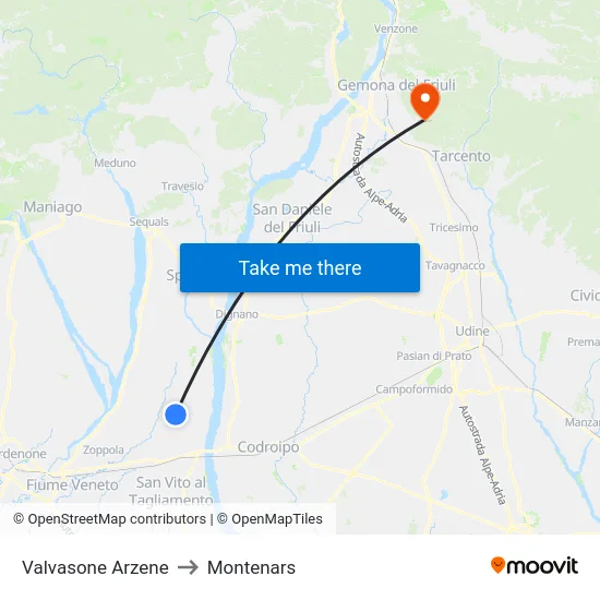 Valvasone Arzene to Montenars map