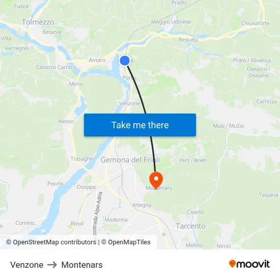 Venzone to Montenars map