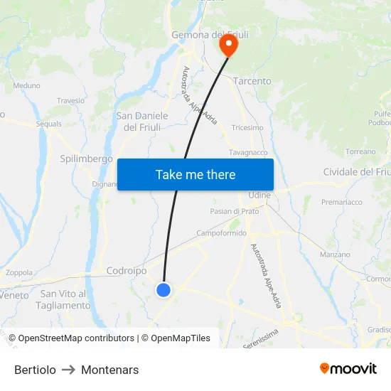 Bertiolo to Montenars map