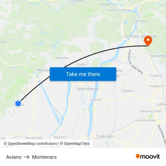 Aviano to Montenars map