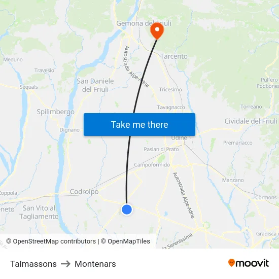 Talmassons to Montenars map