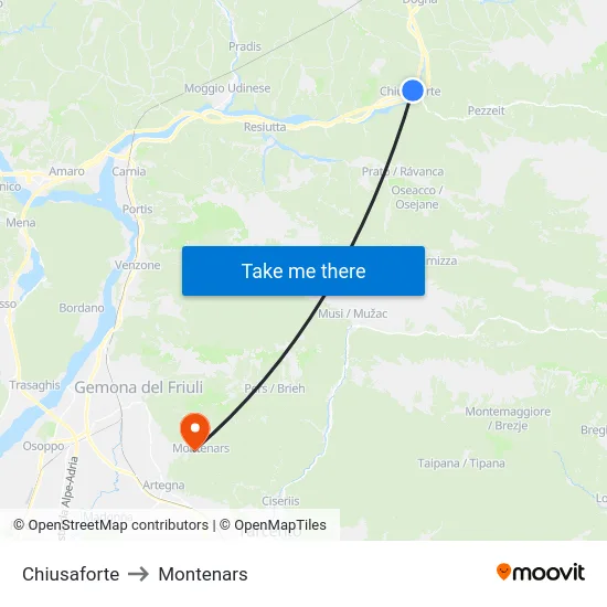 Chiusaforte to Montenars map