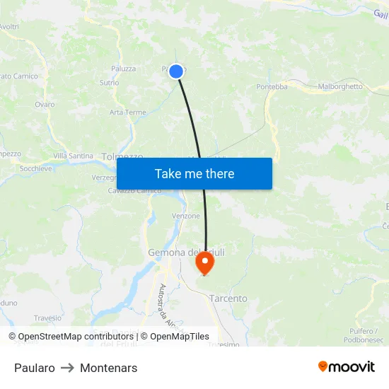 Paularo to Montenars map