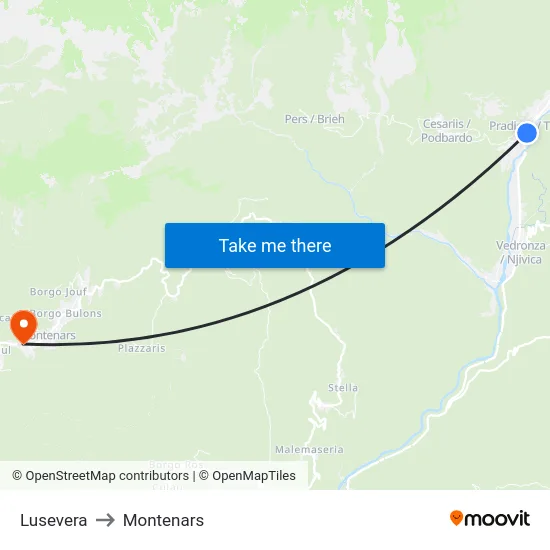 Lusevera to Montenars map