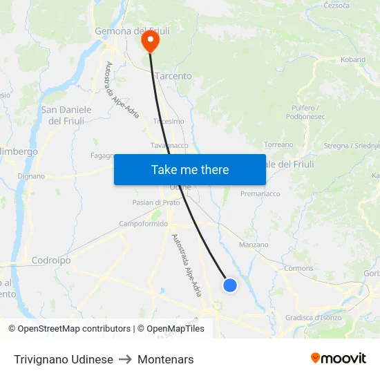 Trivignano Udinese to Montenars map