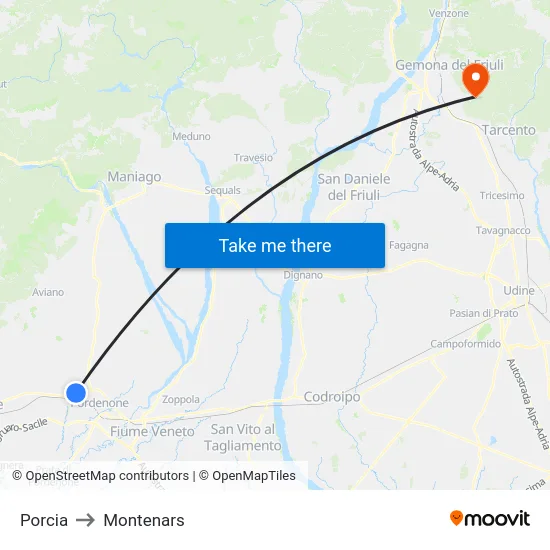 Porcia to Montenars map
