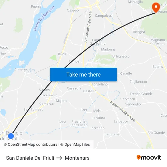 San Daniele Del Friuli to Montenars map