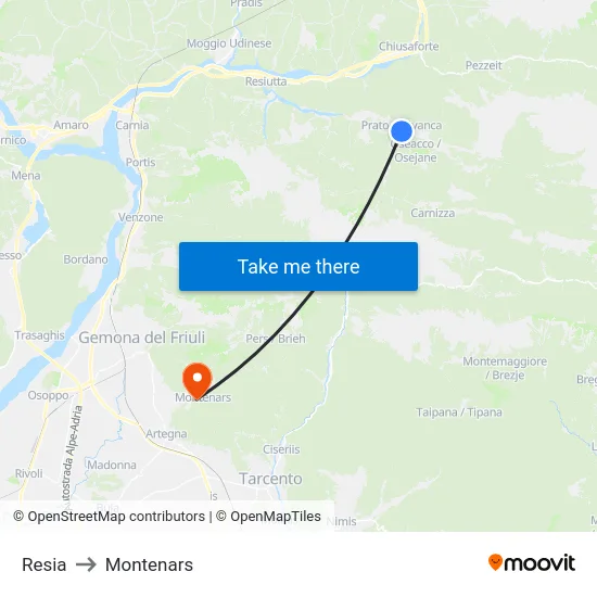 Resia to Montenars map